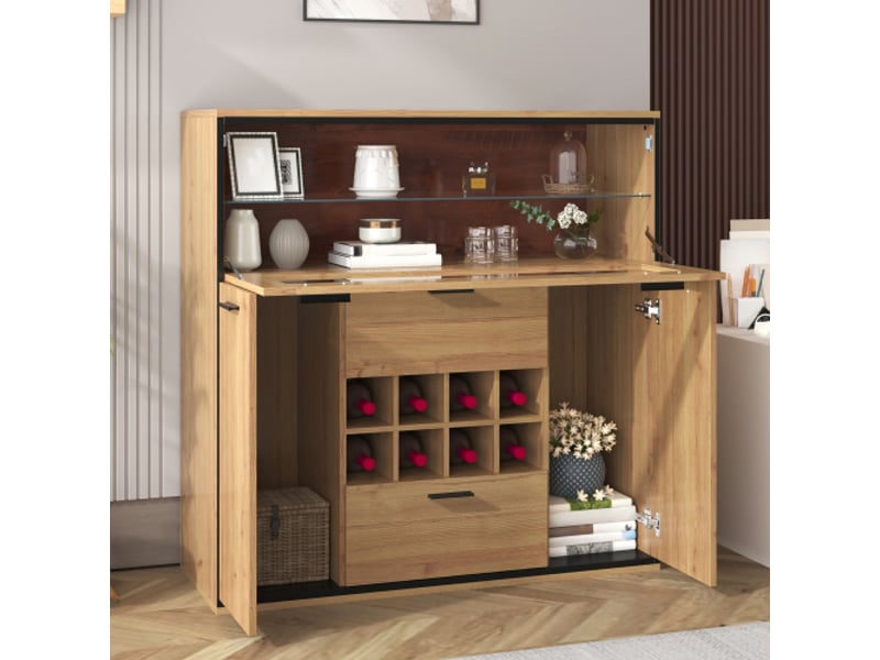  Vitrine avec led portes doubles, meuble à vin et rangement, buffet design étagère en verre, 110 × 38 × 111 cm, couleur naturelle, finition soignée CARDUME ESTIVAL - Conforama B