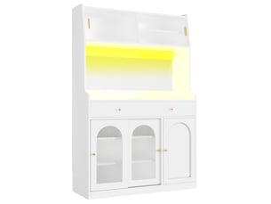 Buffet de cuisine blanc 120x180cm, meuble haut avec portes vitrées coulissantes et 2 tiroirs, étagères réglables pour rangement cuisine moderne