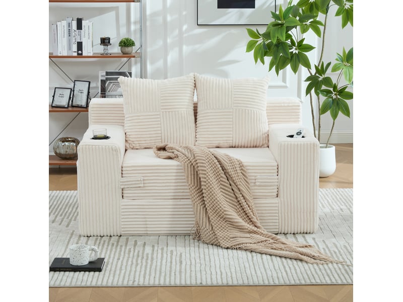  Canapé convertible 2 places modenvie en velours côtelé beige avec pouf, rangement latéral et porte-gobelet 151 x 133 x 64 cm  - Conforama E