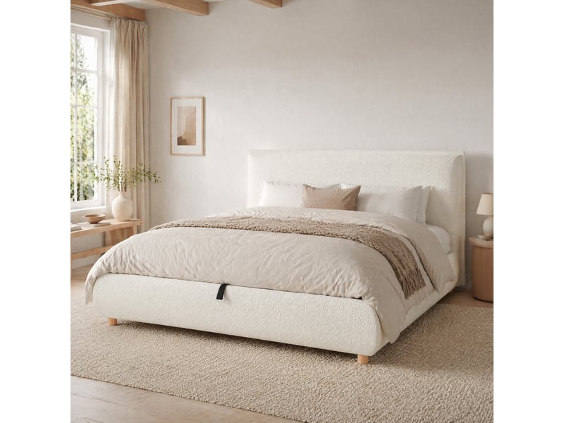  Lit double coffre 180 x 200 cm blanc en bouclé avec sommier à lattes  - Conforama B