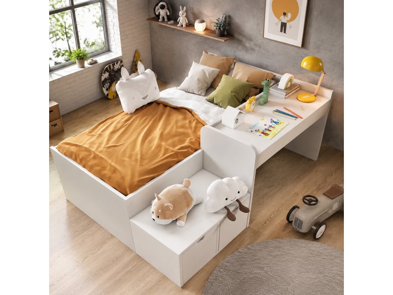  Lit enfant avec bureau et 2 tiroirs 90x200 cm blanc, bois massif et mdf  - Conforama C