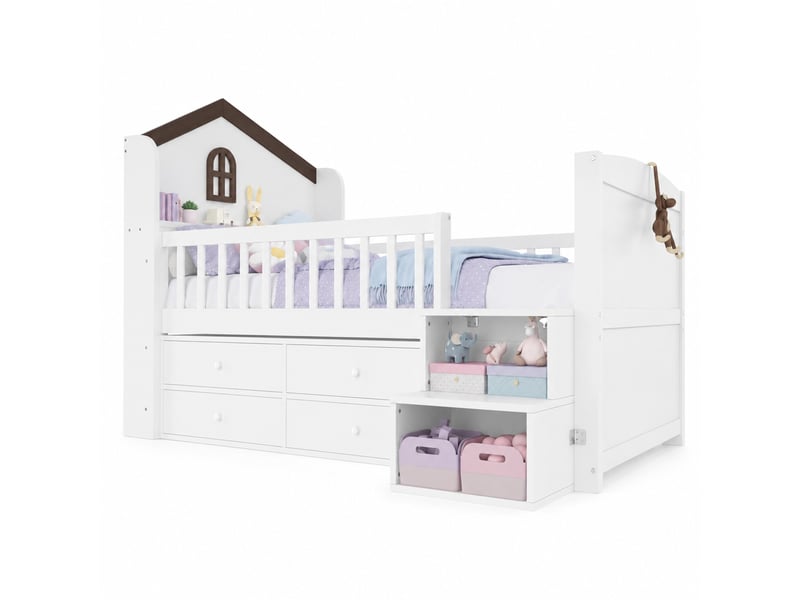 Lit enfant mi-hauteur 90 x 200 cm, led, 4 tiroirs, échelle avec rangement, blanc - Conforama A