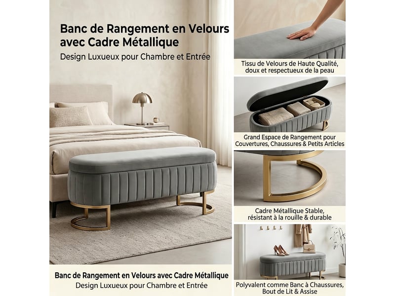  Banc de lit gris clair 130 cm en velours avec coffre et pieds en métal doré  - Conforama E