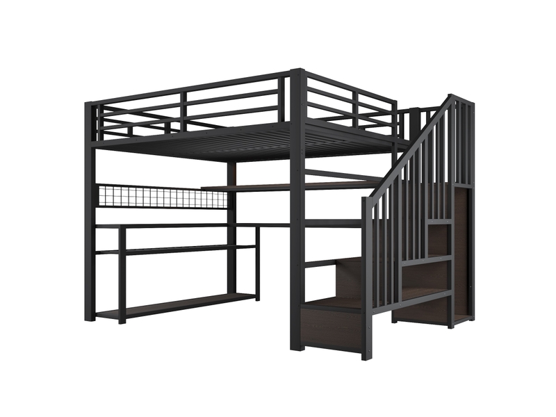 Lit mezzanine 140 x 200 cm noir avec bureau, armoire, escalier rangement et led, métal et mdf IKSETERA TRADING LTD - Conforama A