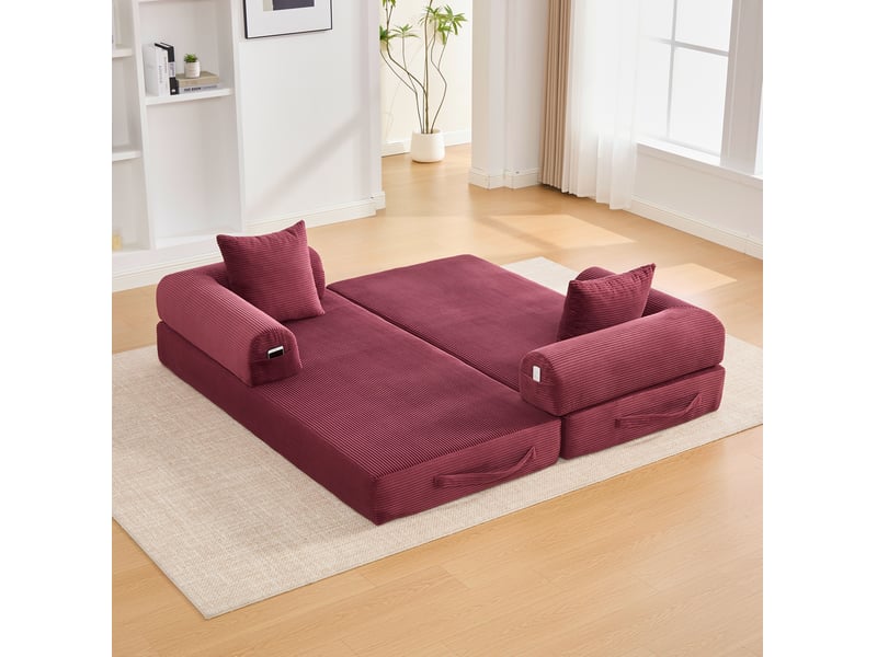  Canapé pliable modulable en métal et tissu, poches latérales et 3 coussins, canapé pour salon, rouge vin  - Conforama E