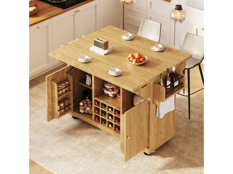  Desserte de cuisine mobile et îlot de cuisine extensible, chariot de service avec porte-bouteilles, hauteur 95 cm, bois naturel  - Conforama R