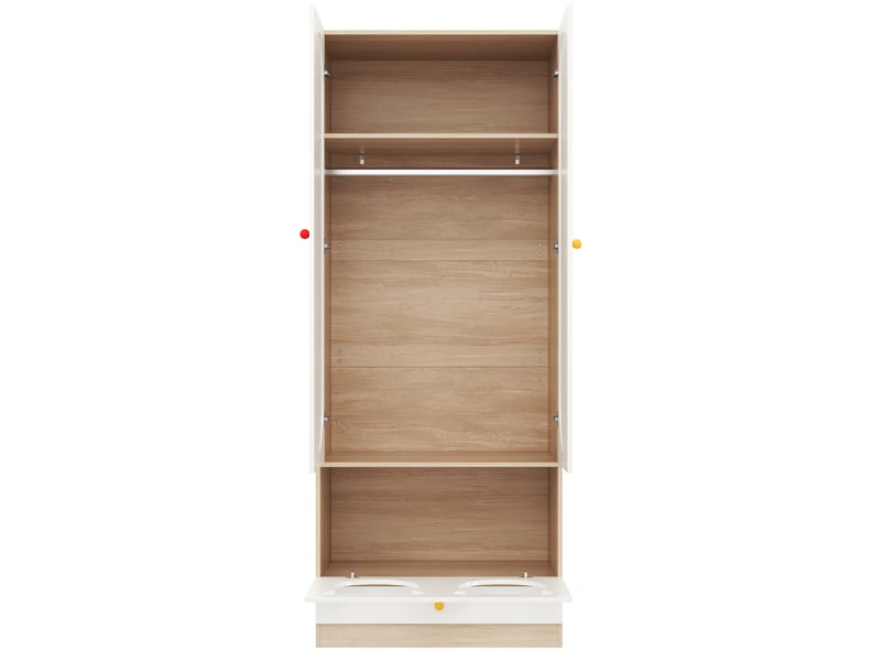  Armoire enfant 2 portes avec penderie, étagères et tiroirs, bords arrondis, en mdf blanc et naturel, 80 × 50 × 200 cm  - Conforama E