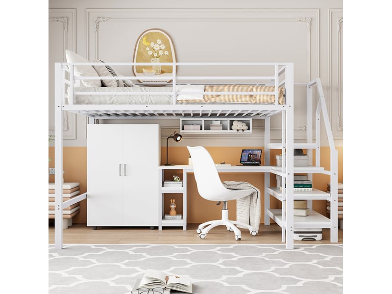  Lit mezzanine enfant 140x200 cm avec bureau, armoire et rangements blanc  - Conforama B