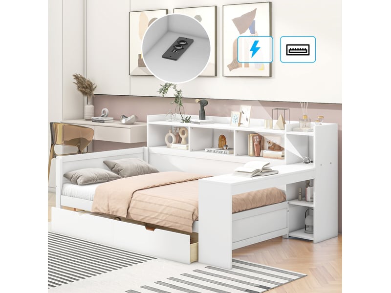  Lit enfant 90 x 200 cm rangement 2 tiroirs bureau intégré prise et usb panneaux particules mdf blanc sans matelas  - Conforama D
