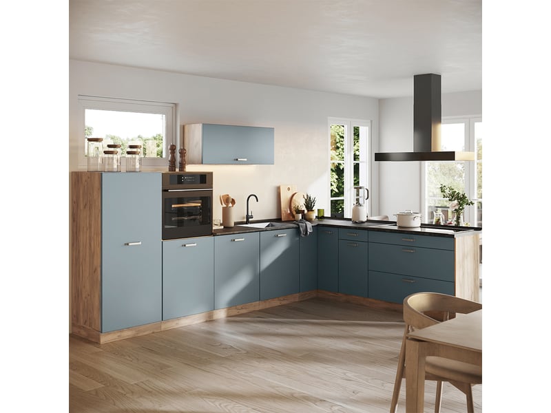  Vicco cuisine en angle, bleu-grischêne doré, 327 x cm plan de travail anthracite  - Conforama C