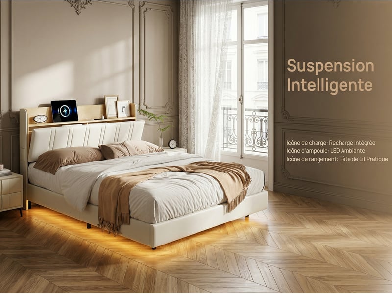  Lit 2 places 140x190 adulte en tissu beige avec tête de lit 2 placese – lit 2 places  avec éclairage led intégré et sommier à lattes  - Conforama D