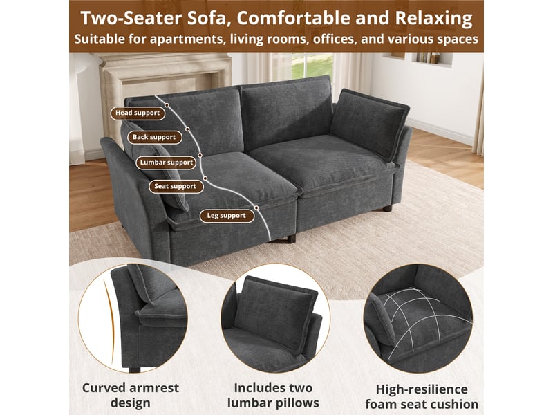  Canapé 2 places moderne, gris en tissu chenille doux, assise confortable avec 2 coussins d'accoudoir pour salon, chambre et petits espaces.  - Conforama D