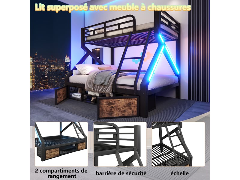  Lit superposé 90 x 200 cm + 140 x 200 cm – avec espaces de rangement – ​​avec barrières de sécurité – avec échelle – noir (matelas non inclus)  - Conforama W