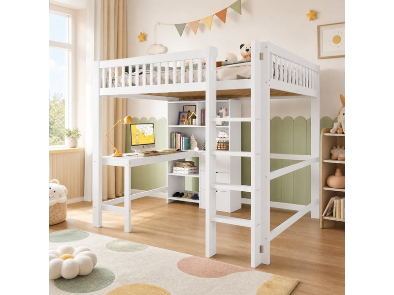  Lit mezzanine enfant 140 x 200 cm avec bureau, rangements et échelle blanc  - Conforama D