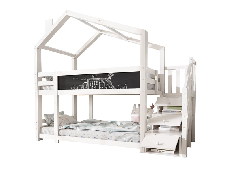  Modenvie lit superposé enfant cabane 90x200 cm - avec rangements, tableau et sommier inclus - blanc  - Conforama A