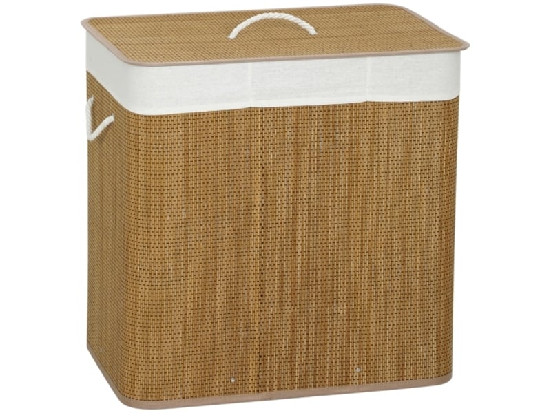  Panier à linge en bambou 144 l avec couvercle, 3 compartiments, poignées en corde et sac amovible  - Conforama A