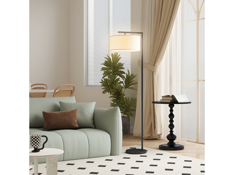  Lampadaire lampe à pied abat-jour en tissu de lin base ronde stable 47 x 37 x 153 cm noir et blanc  - Conforama A
