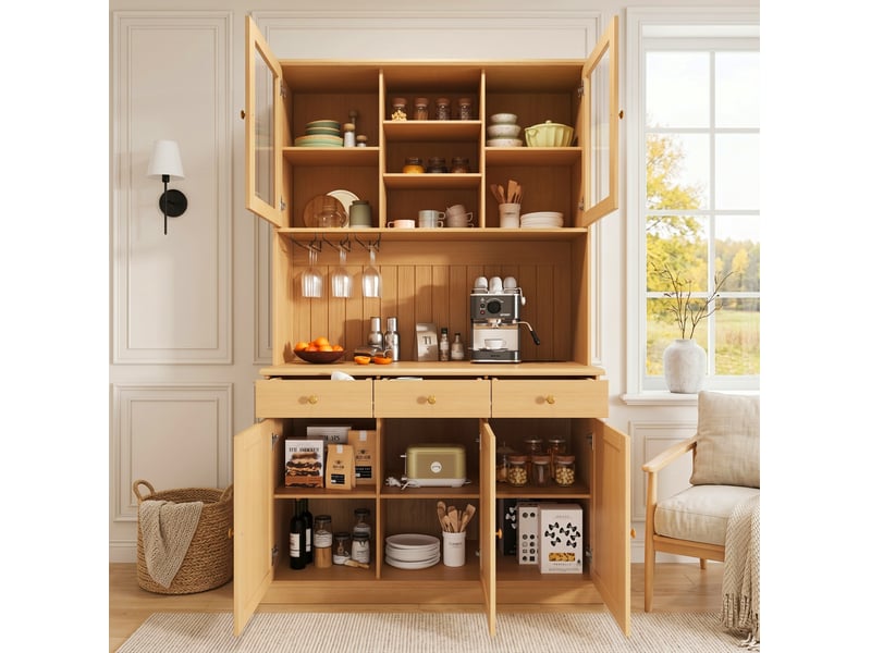  Buffet haut modenvie 120 x 40 x 191 cm avec portes vitrées, range-verres, prises intégrées, usb-c et usb-a, bois naturel  - Conforama D