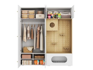 Armoire penderie 180x50x202 cm, 6 compartiments, tringle, panneau de particules, blanc et effet bois