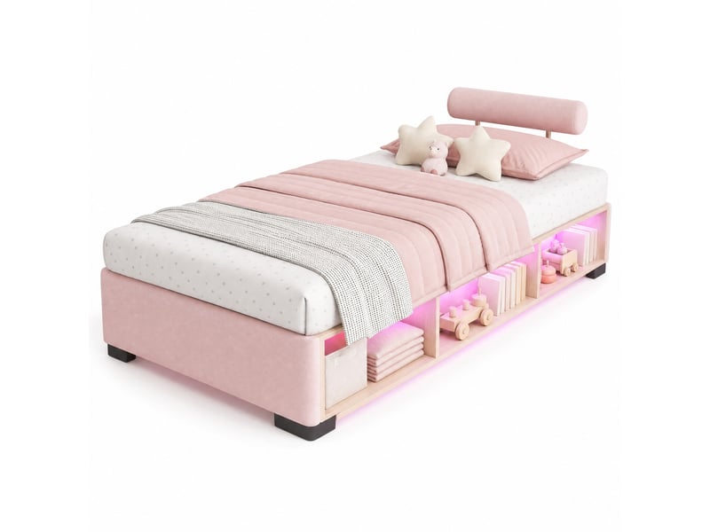  Lit enfant rembourré modenvie 90 x 200 cm rose avec étagère latérale led, rangement ouvert et appuie têtes montables sur 3 côtés  - Conforama A