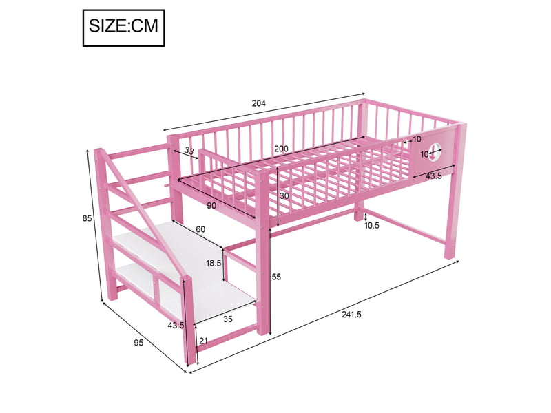  Lit mezzanine bas rose avec échelle de rangement, lit enfant 90x200 cm en métal robuste pour chambre fille, capacité 120 kg.  - Conforama R