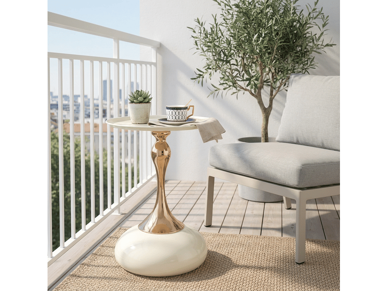  Table d'appoint ronde 38 cm, coloris blanc et or, style compact pour petits espaces, acier carbone  - Conforama D