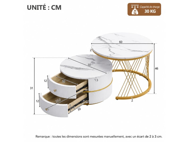  Lot de 2 tables basses gigognes rondes, 2 tiroirs, effet marbre brillant, 60 et 50 cm, salon, blanc  - Conforama C