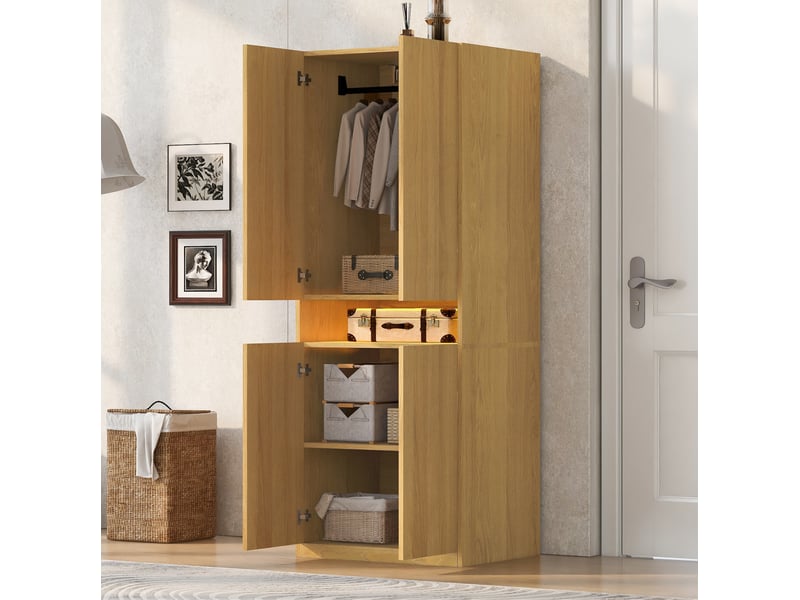  Armoire 70x55x180 cm à 2 portes avec éclairage led, espace de rangement et penderie, mdf, naturel, petit compartiment  - Conforama B