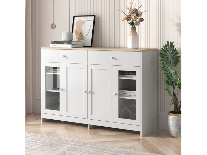 Buffet 120x37x80 cm, avec 2 tiroirs et 4 portes, tablettes réglables, pour salon, salle à manger, effet bois, mdf blanc - Conforama E