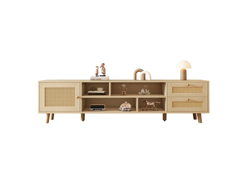  Meuble tv modenvie avec rangement 160 x 39 x 40 cm en panneaux de particules et rotin chêne clair  - Conforama A