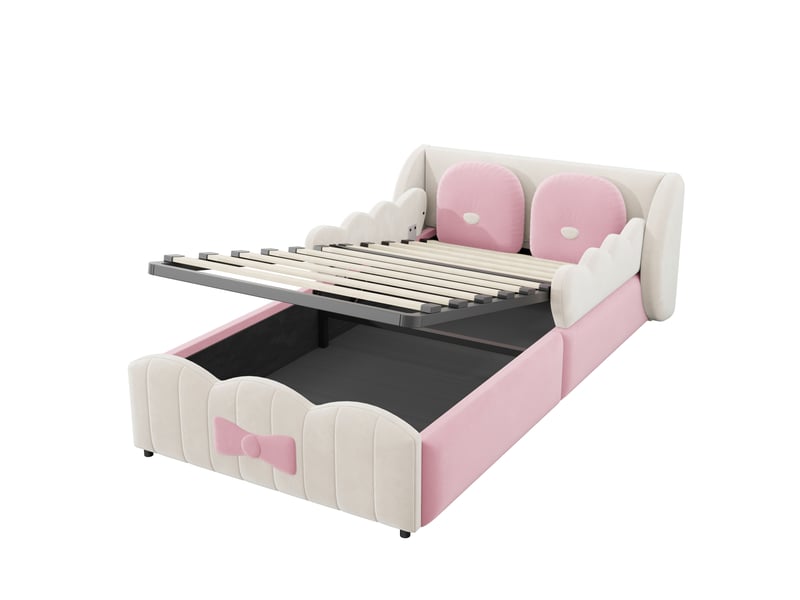  Lit coffre enfant tcqpz 90 x 200 cm velours beige et rose avec coussins décoratifs  - Conforama E