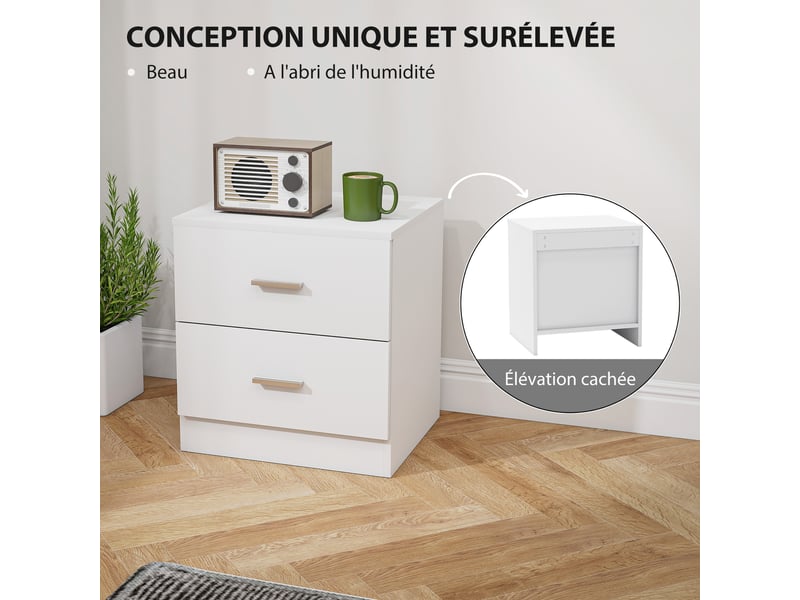  Table de chevet avec 2 tiroirs poignée en alliage d'aluminium style contemporain 45 x 39,5 x 49 cm blanc  - Conforama R