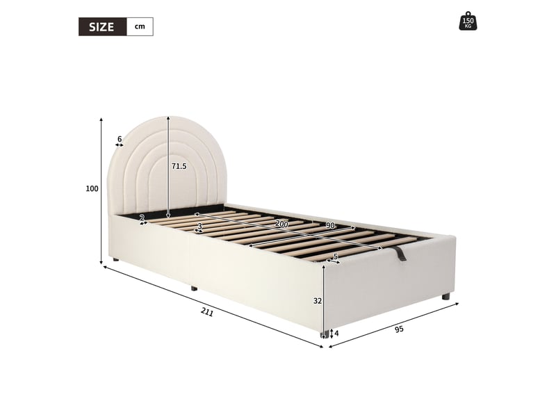  Lit coffre 90x200 cm avec sommier à lattes et tête de lit, bouclé beige  - Conforama E