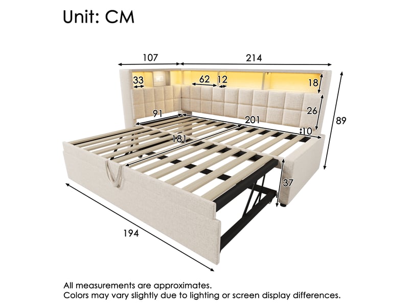 Lit gigogne 90 x 200 cm avec rangements, led et usb, tissu beige, sans matelas - Conforama C