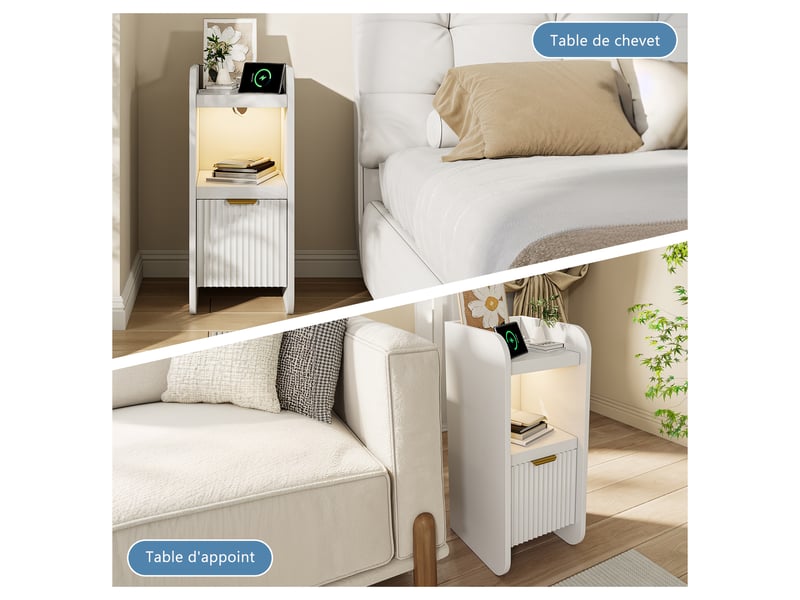  Lot de 2 tables de chevet blanches à 1 tiroir, design cannelé, bandeau led réglable, station de charge intégrée prises eu, table d’appoint multifonction pour chambre et salon  - Conforama C