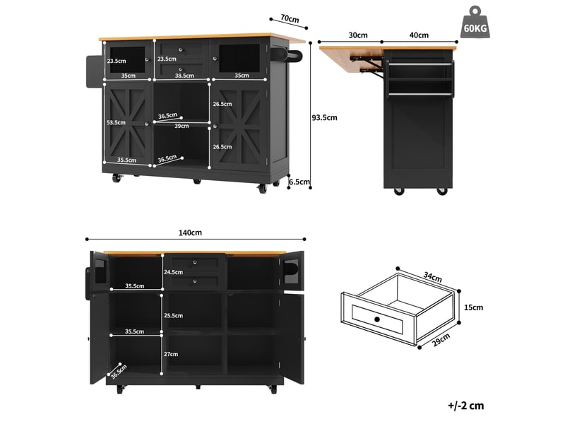  Îlot de cuisine 140x40x93,5 cm plateau réglable mdf métal noir  - Conforama C