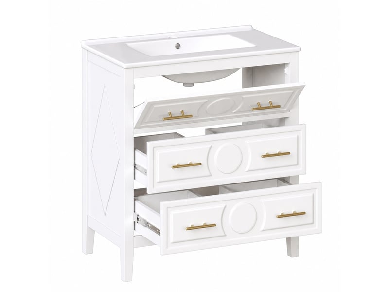  Meuble vasque blanc 81 cm avec 3 tiroirs et lavabo en céramique, style rétro  - Conforama A