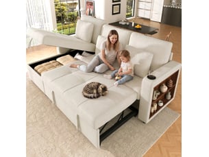 Canapé d'angle droit convertible <strong>HAVRYA</strong> <strong></strong> 3 places Tissu beige avec coffre de rangement