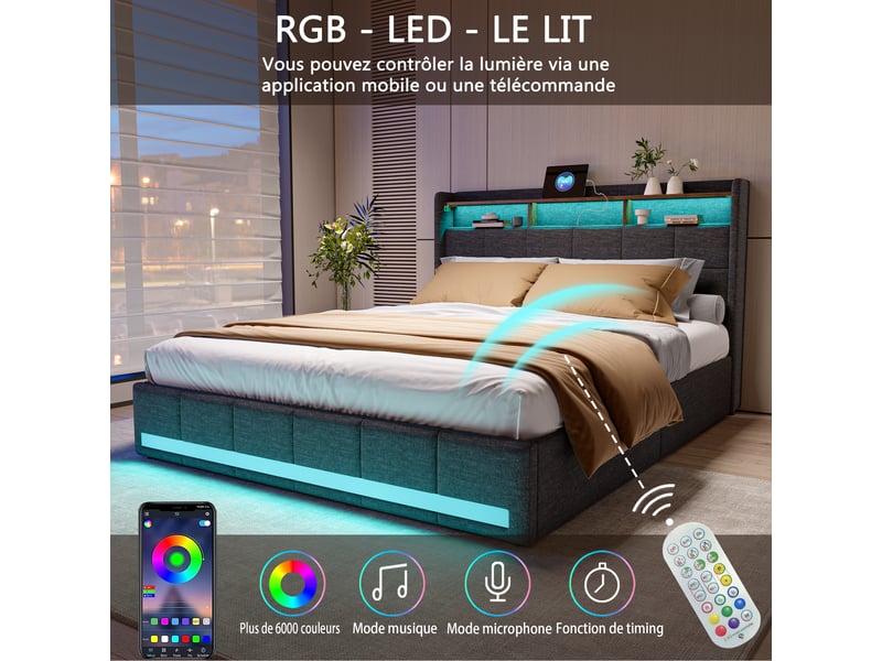  Lit avec rangement 160x200 cm coloris gris  - Conforama C