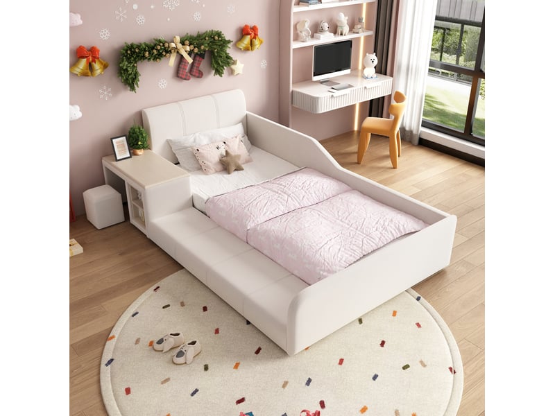  Lit enfant 90x200 cm avec bureau et tabouret, étagère en velours blanc  - Conforama C