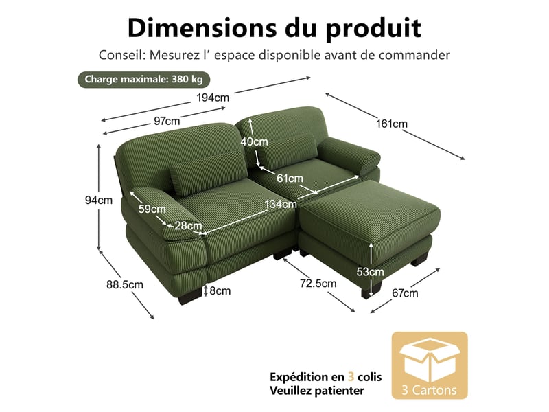  Canapé d’angle modulable 194 cm 2 places avec pouf, design carré épuré, base et accoudoirs à matelassage en canaux, velours côtelé, vert  - Conforama D