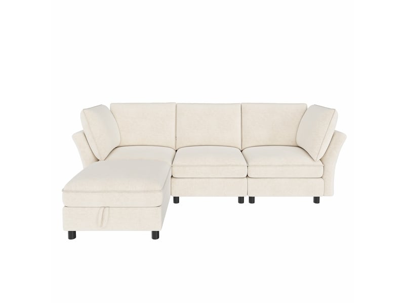  Canapé d’angle modulable 4 places 225 cm avec pouf de rangement, effet cloud, tissu chenille, assise moelleuse, beige  - Conforama A