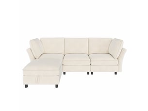 Canapé d’angle modulable 4 places 225 cm avec pouf de rangement, effet cloud, tissu chenille, assise moelleuse, beige