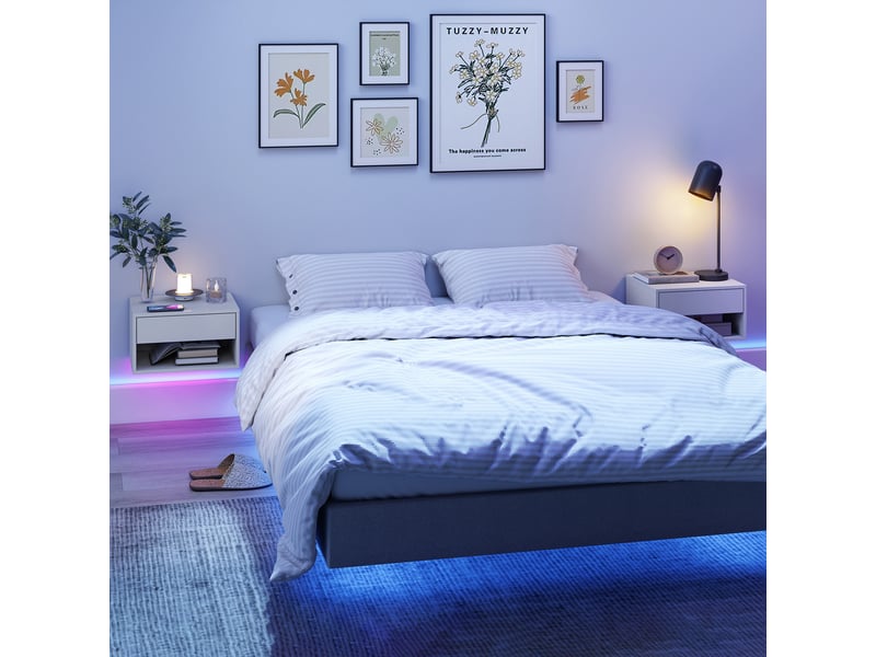  Ensemble de 2 tables de chevet avec éclairage led rgb, table de nuit suspendue avec tiroir et compartiment ouvert, blanche  - Conforama D