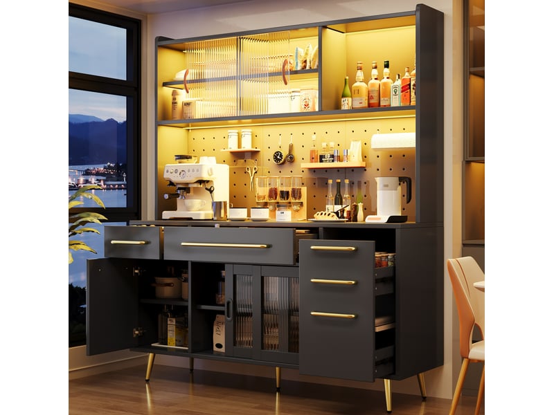  Buffet haut modenvie avec led et panneau perforé 145 x 39 x 171 cm noir mdf verre  - Conforama D