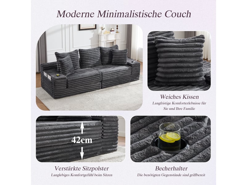 Canapé modulable convertible gris anthracite tissu côtelé haut dossier poches latérales porte-gobelets - Conforama R