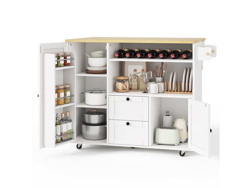  Îlot de cuisine sur roulettes avec plateau pliant, chariot de cuisine blanc et bois, 104x69x89 cm  - Conforama A