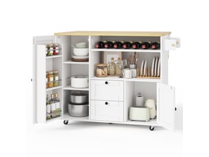 Îlot de cuisine sur roulettes avec plateau pliant, chariot de cuisine blanc et bois, 104x69x89 cm