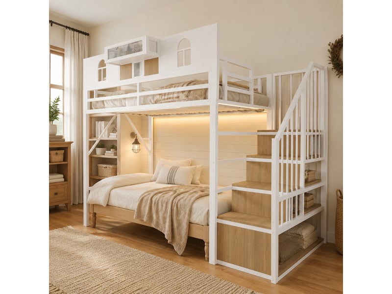  Lit mezzanine 90 × 200 cm 1 place avec escalier de rangement, étagère et éclairage, sans matelas, métal blanc  - Conforama C