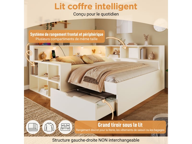  Canapé-lit en bois 140x190 cm,lit coffre avec tiroirs et étagères,liseuse led,ports usb et type-c,sans matelas,blanc  - Conforama E